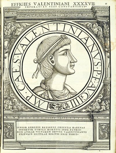 Valentinianus III, Illustration aus Imperatorum romanorum omnium orientalium et occidentalium verissimae imagines ex antiquis numismatis, Holzschnitt von Rudolph Wyssenbach, gedruckt von Andreas Gesner, Zürich von Hans Rudolf Manuel Deutsch